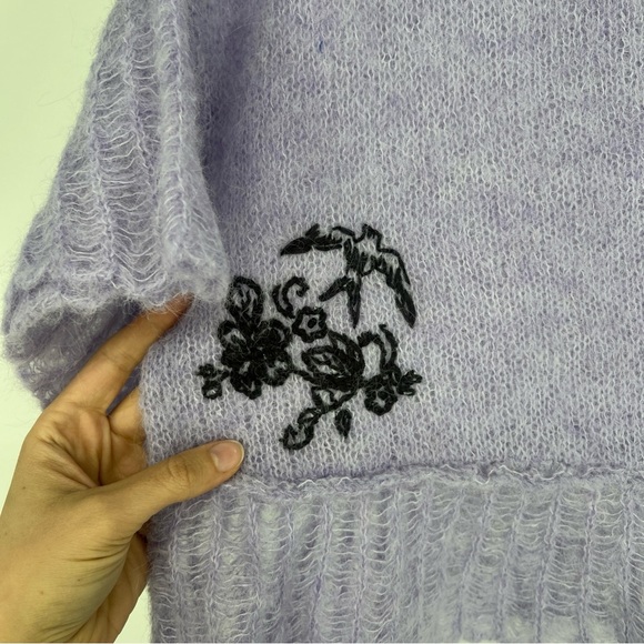Free People Purple Embroidered Alpaca Blend Cropped Pointelle Knit Sweater S NWT - Picture 4 of 10